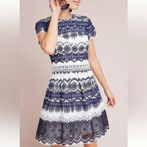 Monique Lhuillier Navy and White Midi Dress